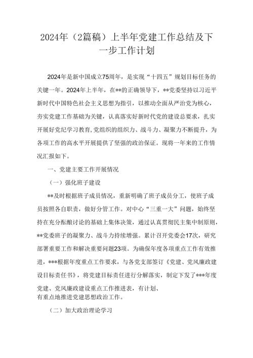 2024年（2篇稿）上半年党建工作总结及下一步工作计划.docx
