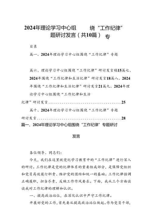 2024年理论学习中心组围绕“工作纪律”专题研讨发言 （汇编10份）.docx