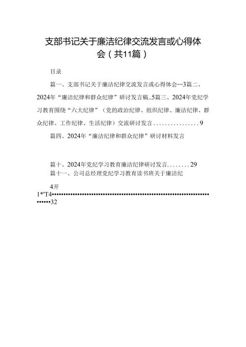 （11篇）支部书记关于廉洁纪律交流发言或心得体会（最新版）.docx