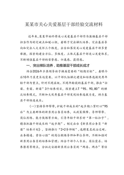 某某市关心关爱基层干部经验交流材料.docx