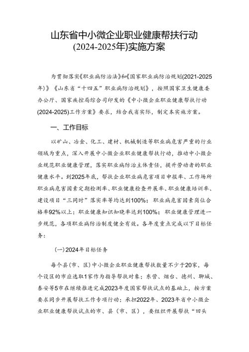 山东省中小微企业职业健康帮扶行动（20242025年）实施方案.docx