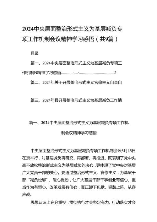 中央层面整治形式主义为基层减负专项工作机制会议精神学习感悟9篇（详细版）.docx