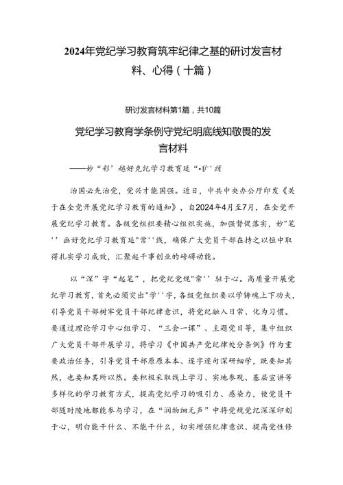 2024年党纪学习教育筑牢纪律之基的研讨发言材料、心得（十篇）.docx