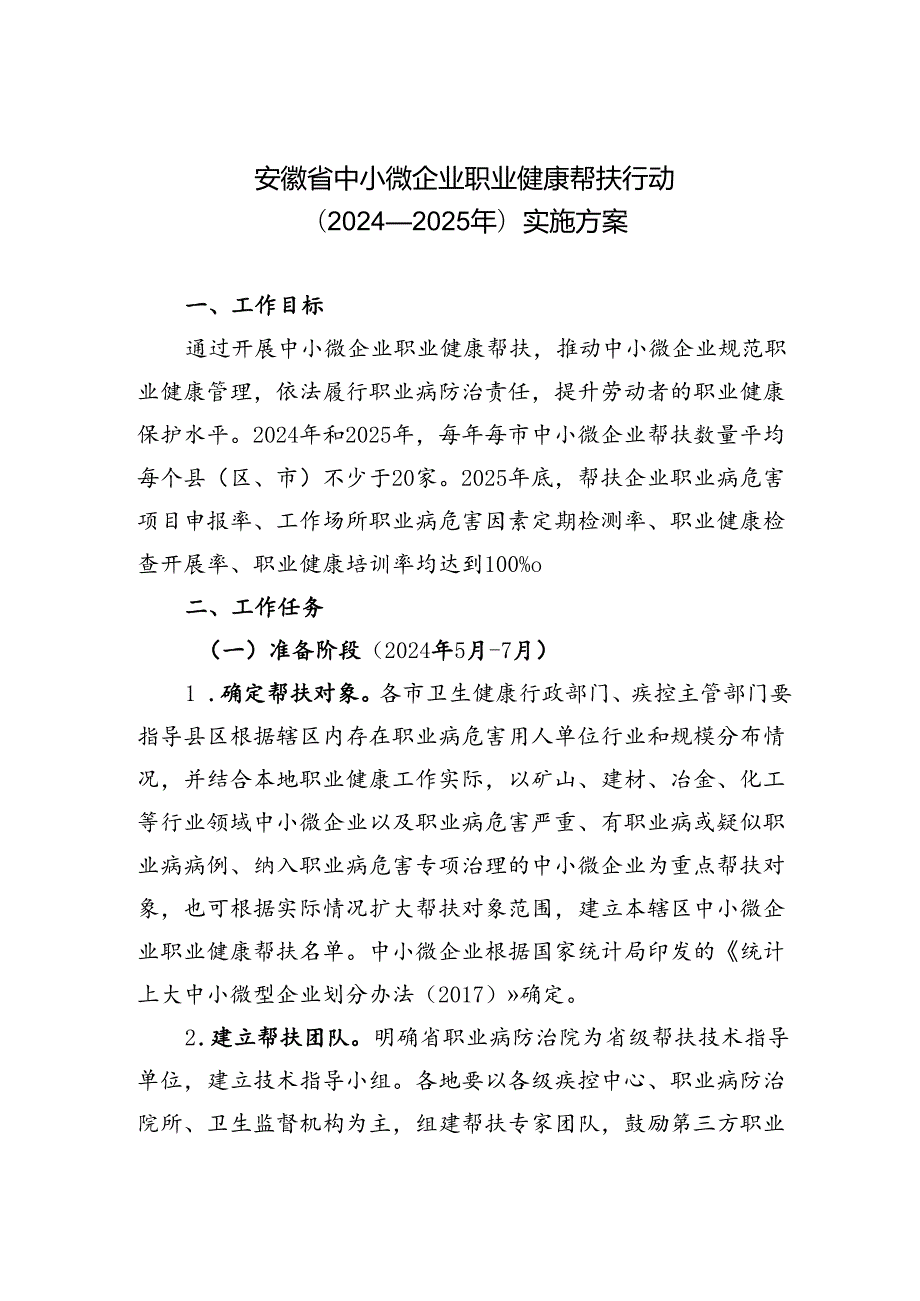安徽省中小微企业职业健康帮扶行动（2024—2025年）实施方案.docx_第1页