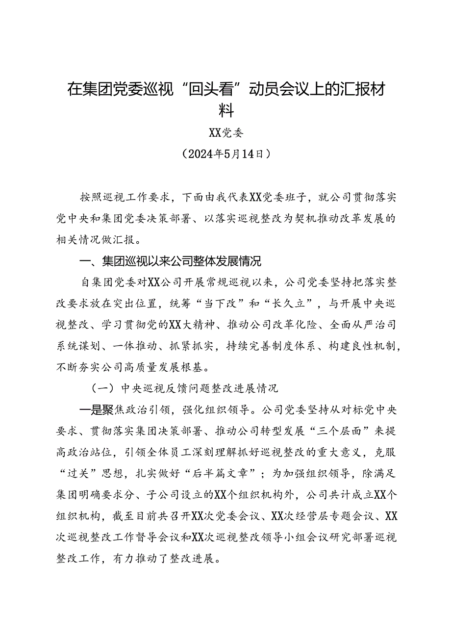 在集团党委巡视“回头看”动员会议上的汇报材料(2).docx_第1页