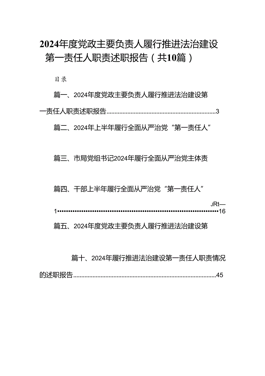 2024党政主要负责人履行推进法治建设第一责任人职责述职报告10篇供参考.docx_第1页
