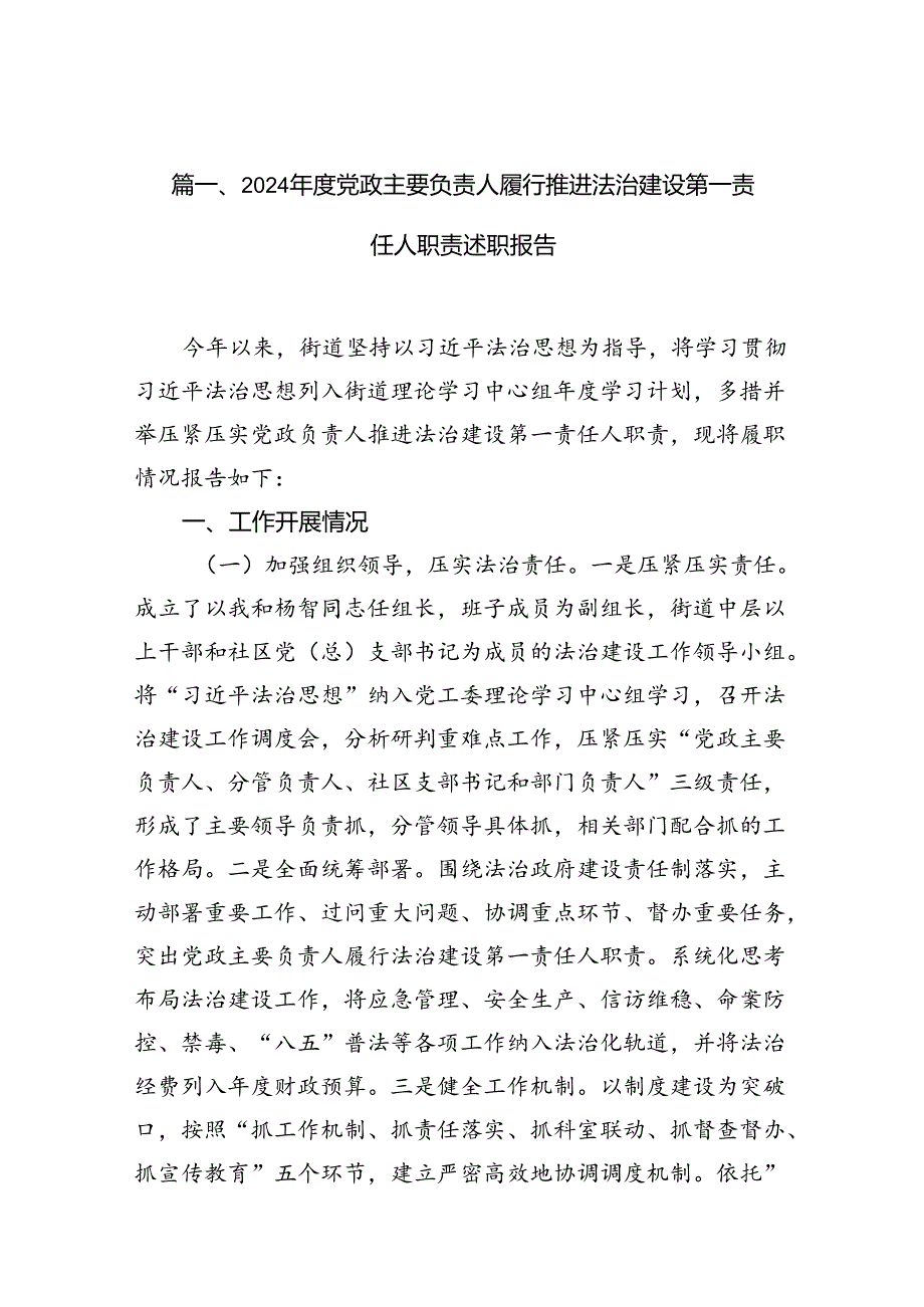 2024党政主要负责人履行推进法治建设第一责任人职责述职报告10篇供参考.docx_第2页