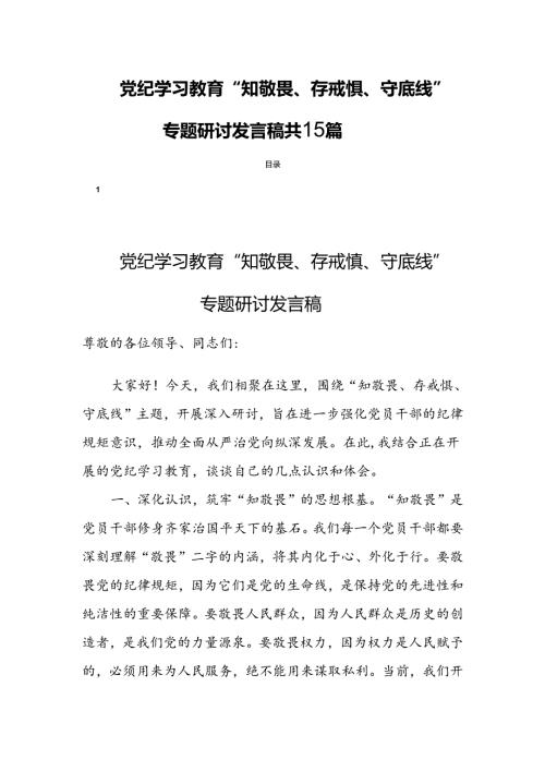 党纪学习教育“知敬畏、存戒惧、守底线”专题研讨发言稿共15篇.docx