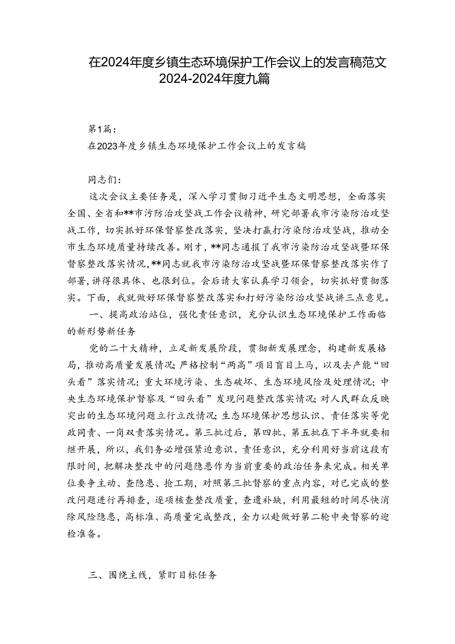 在2024乡镇生态环境保护工作会议上的发言稿范文20242024九篇.docx_第1页