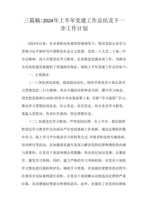 三篇稿：2024年上半年党建工作总结及下一步工作计划.docx