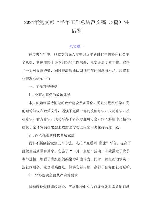 2024年党支部上半年工作总结范文稿（2篇）供借鉴.docx