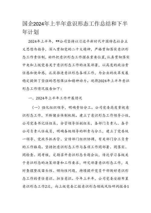 国企2024年上半年意识形态工作总结和下半年计划.docx