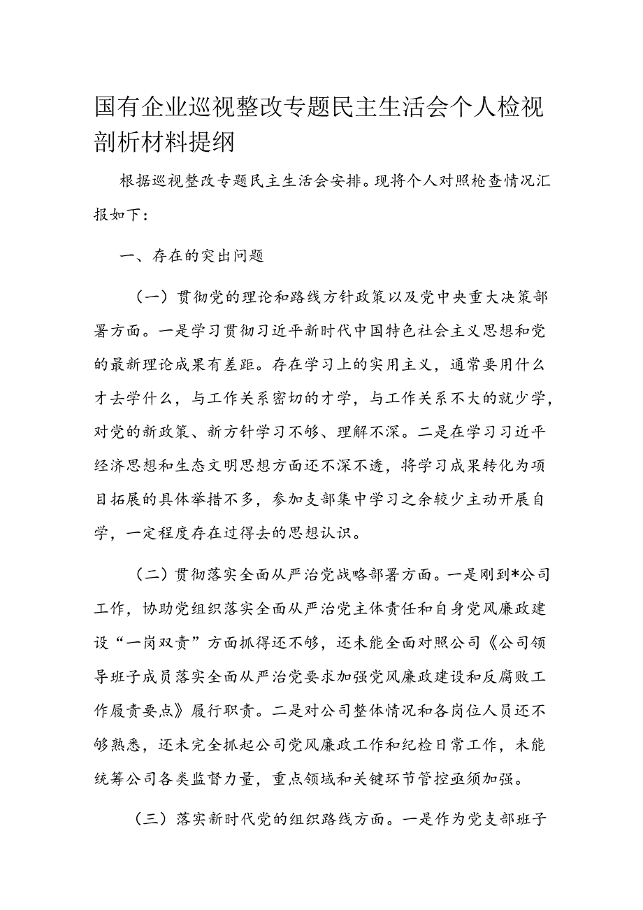 国有企业巡视整改专题民主生活会个人检视剖析材料提纲(1).docx_第1页