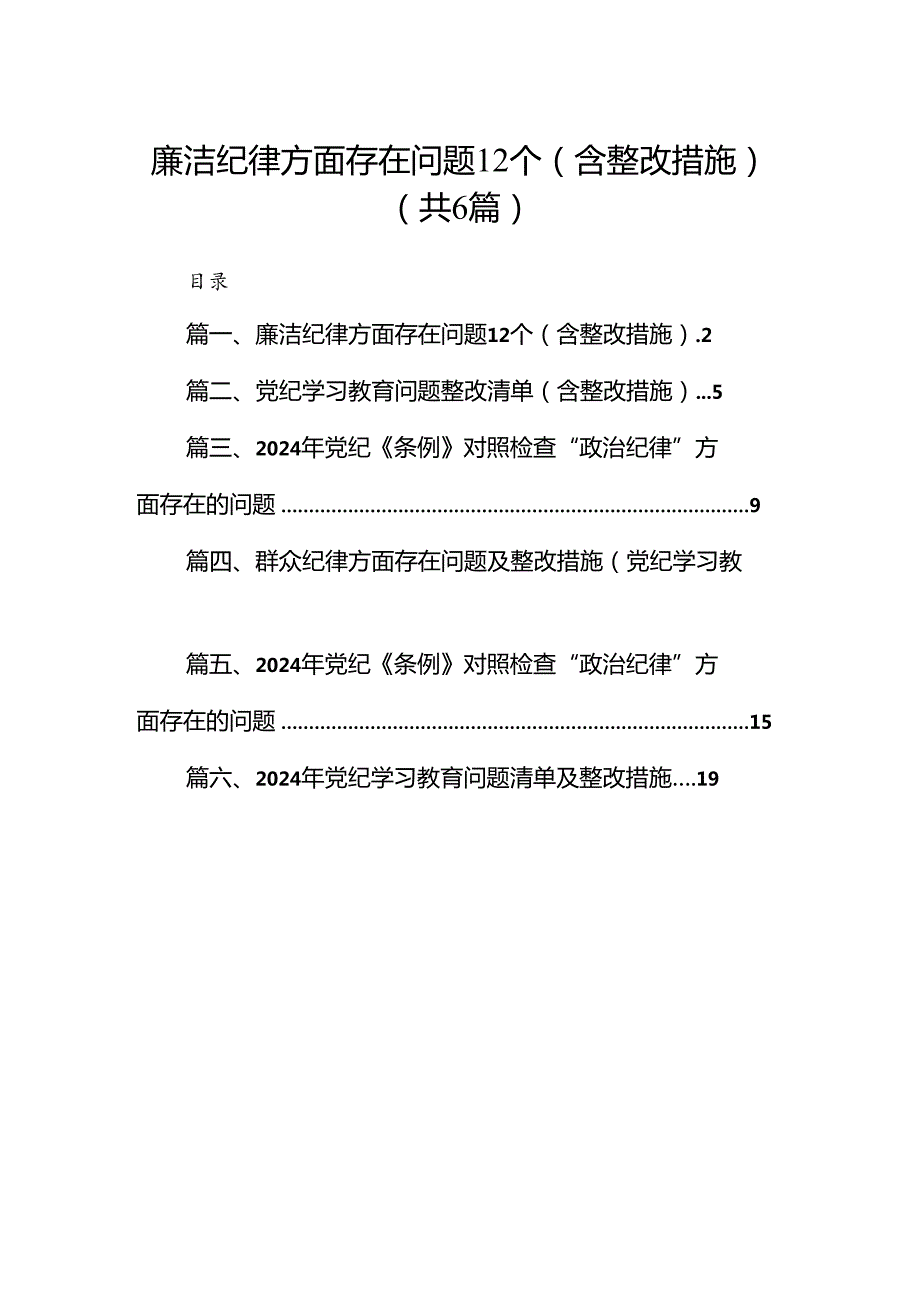 廉洁纪律方面存在问题12个（含整改措施）6篇（详细版）.docx_第1页