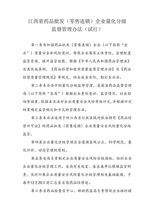 江西省药品批发（零售连锁）企业量化分级监督管理办法（试行）.docx