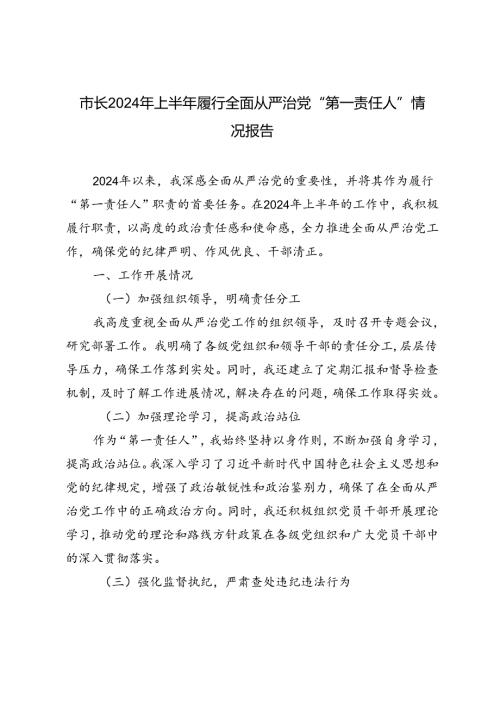 2篇 市长2024年上半年履行全面从严治党“第一责任人”情况报告.docx