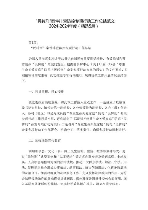 “民转刑”案件排查防控专项行动工作总结范文20242024(精选5篇).docx