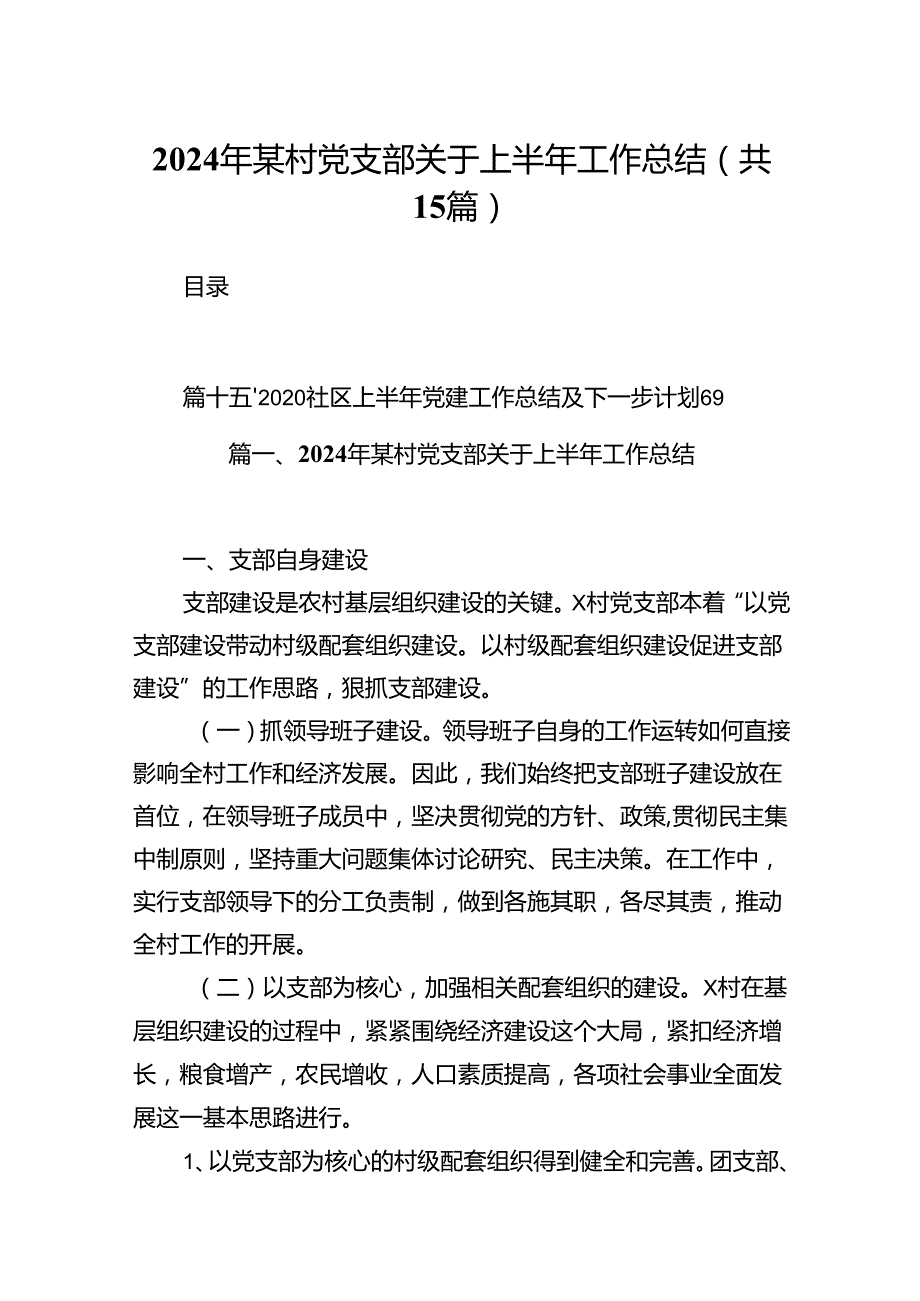 2024年某村党支部关于上半年工作总结（共15篇）.docx_第1页