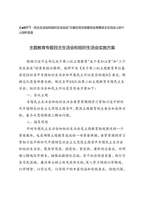 主题教育专题民主生活会和组织生活会实施方案+在党支部委员会专题民主生活会上的个人剖析发言2篇.docx