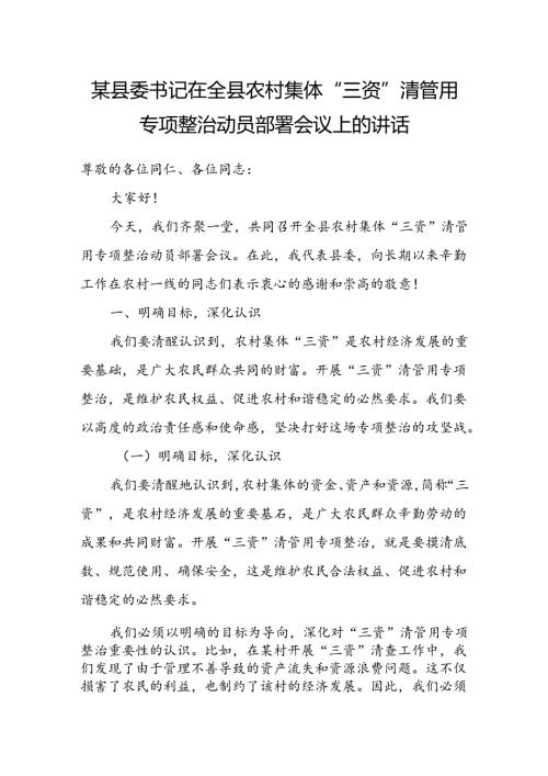 某县委书记在全县农村集体“三资”清管用专项整治动员部署会议上的讲话.docx