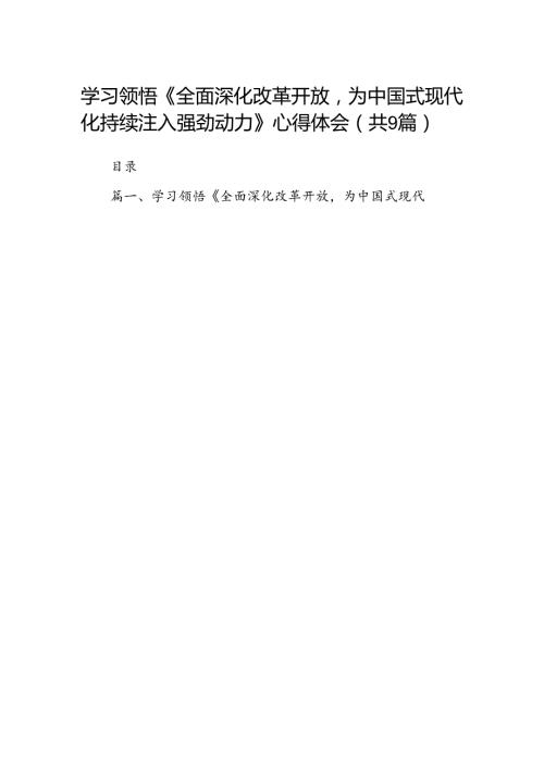 （9篇）学习领悟《全面深化改革开放为中国式现代化持续注入强劲动力》心得体会（详细版）.docx