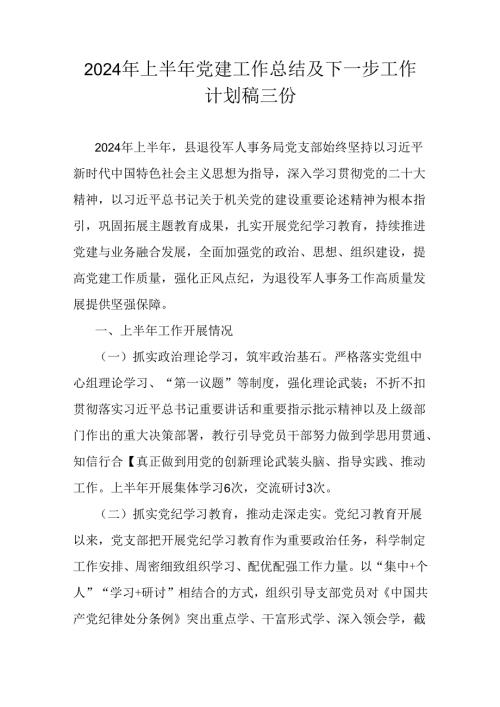 2024年上半年党建工作总结及下一步工作计划稿三份.docx