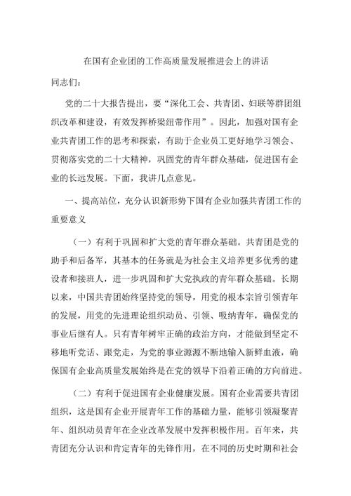 在国有企业团的工作高质量发展推进会上的讲话.docx
