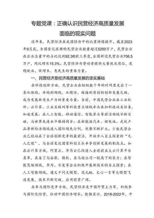 专题党课：正确认识民营经济高质量发展面临的现实问题.docx