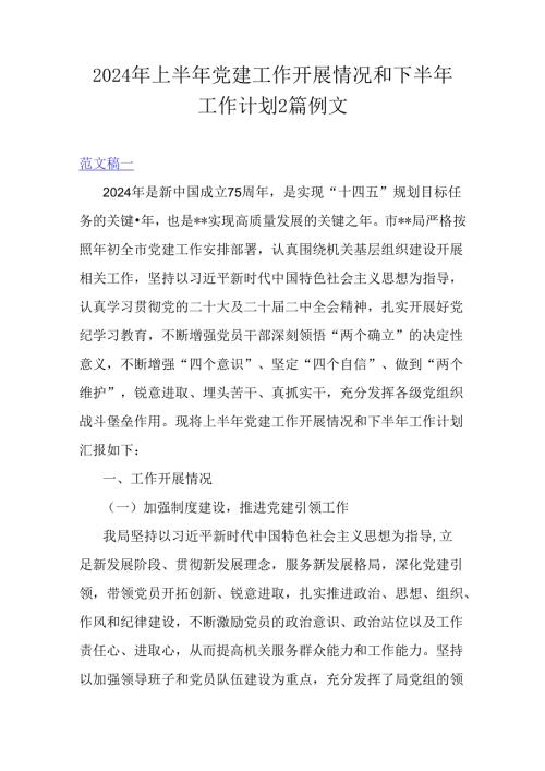 2024年上半年党建工作开展情况和下半年工作计划2篇例文.docx