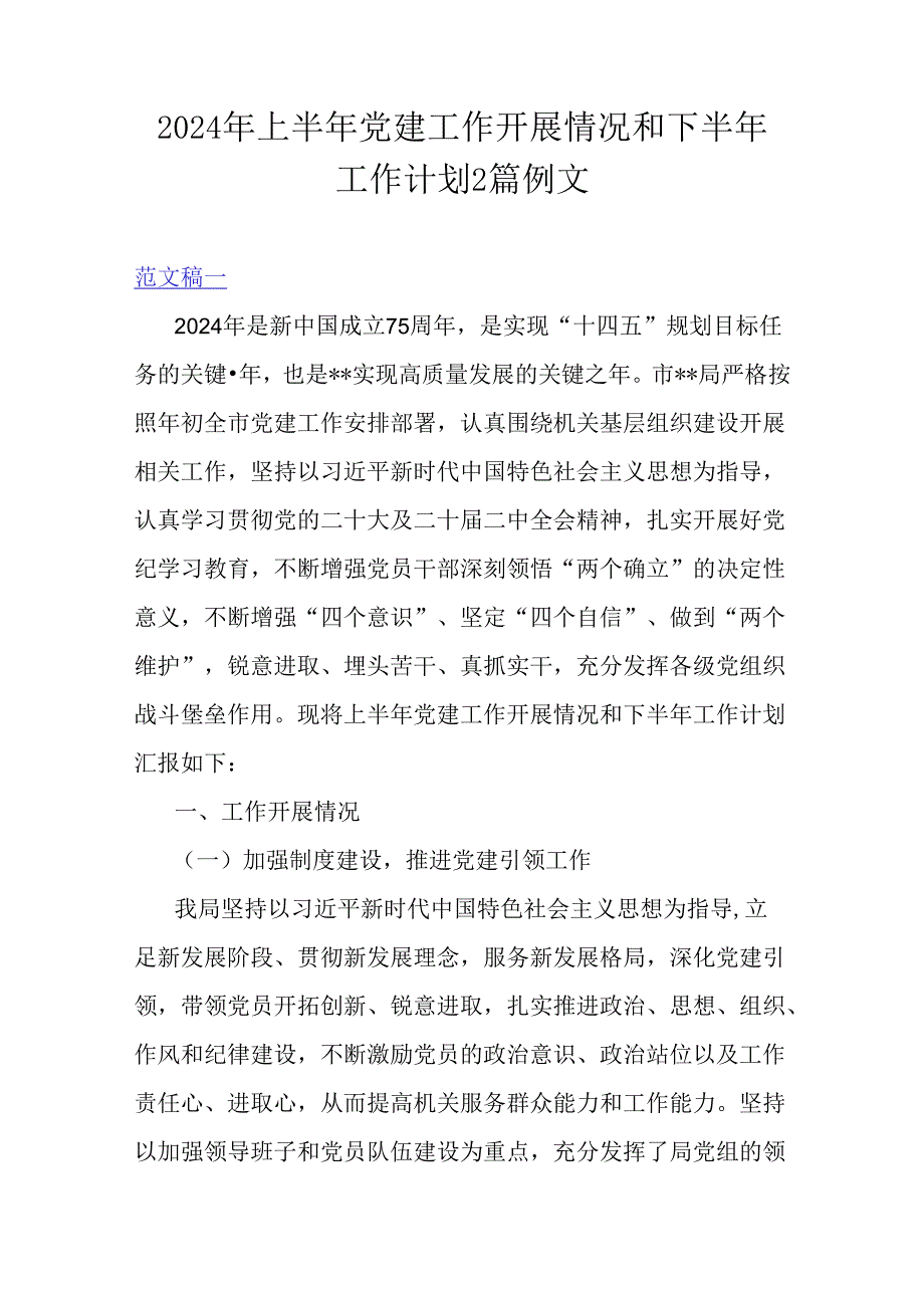 2024年上半年党建工作开展情况和下半年工作计划2篇例文.docx_第1页