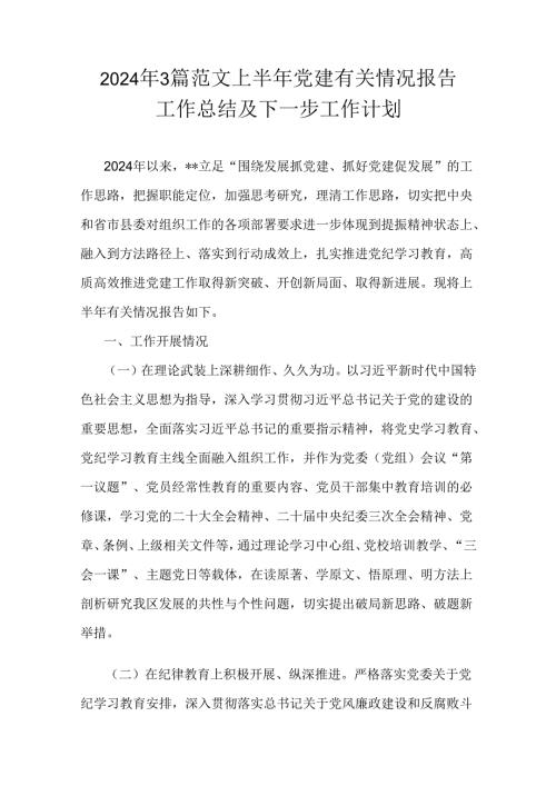 2024年3篇范文上半年党建有关情况报告工作总结及下一步工作计划.docx