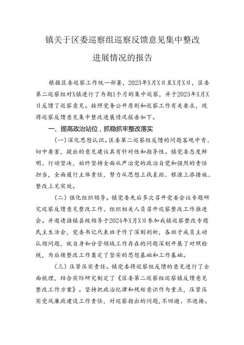 镇关于区委巡察组巡察反馈意见集中整改进展情况的报告.docx