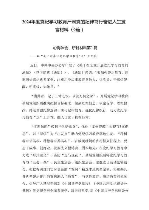 2024党纪学习教育严肃党的纪律笃行奋进人生发言材料（9篇）.docx