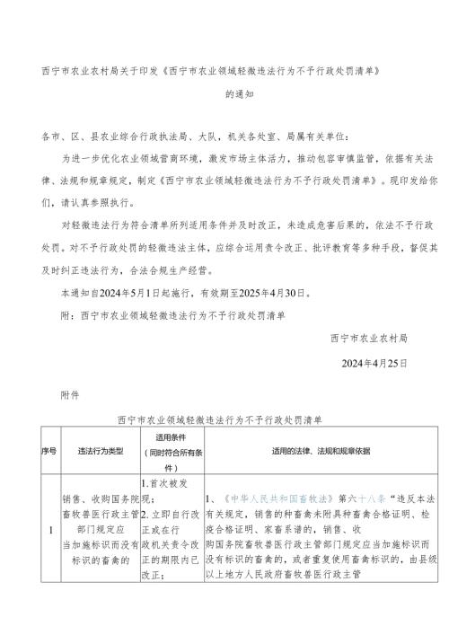 《西宁市农业领域轻微违法行为不予行政处罚清单》.docx