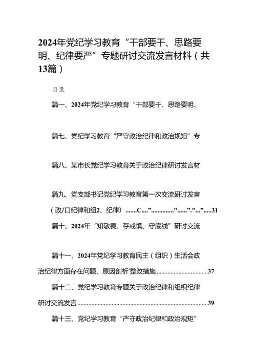 2024年党纪学习教育“干部要干、思路要明、纪律要严”专题研讨交流发言材料13篇（详细版）.docx