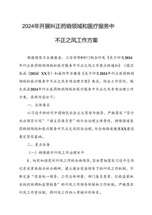 2024年医院开展纠正药销领域和医疗服务中不正之风工作方案（汇编6份）.docx