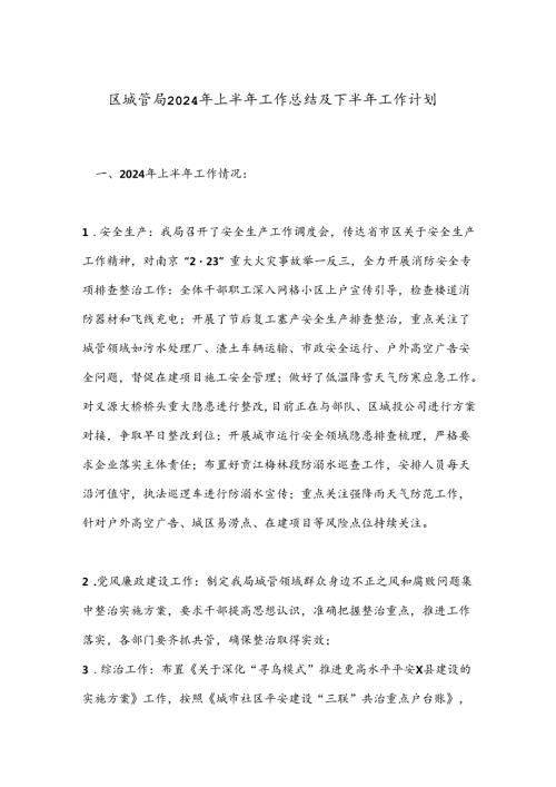 区城管局2024年上半年工作总结及下半年工作计划(1).docx