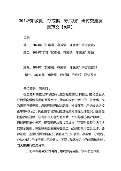 2024“知敬畏、存戒惧、守底线”研讨交流发言范文【9篇】.docx