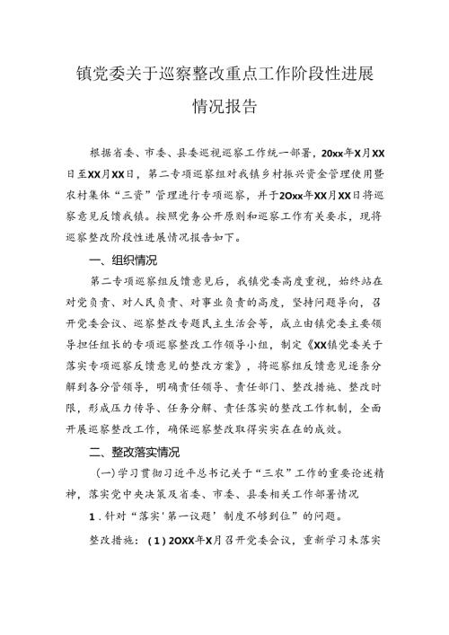 镇党委关于巡察整改重点工作阶段性进展情况报告.docx