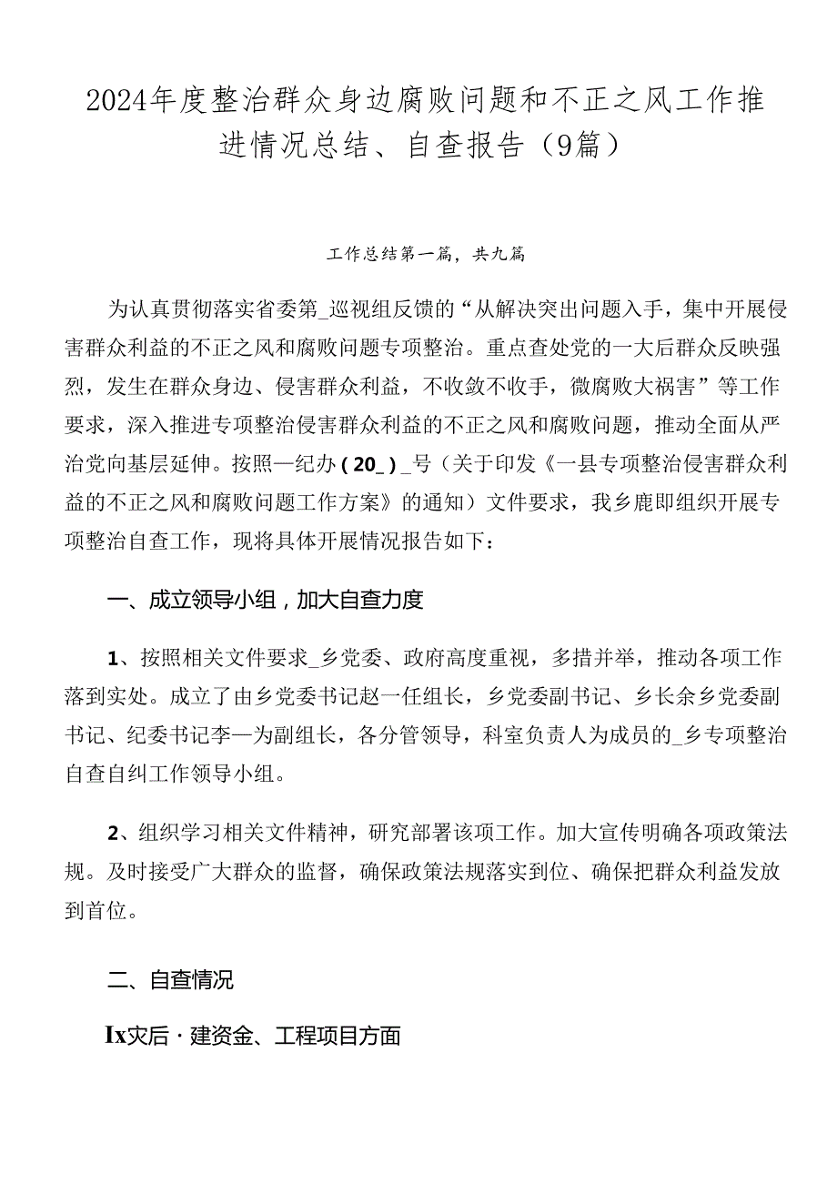 2024整治群众身边腐败问题和不正之风工作推进情况总结、自查报告（9篇）.docx_第1页