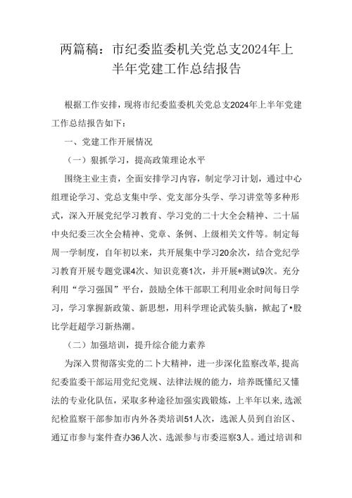 两篇稿：市纪委监委机关党总支2024年上半年党建工作总结报告.docx