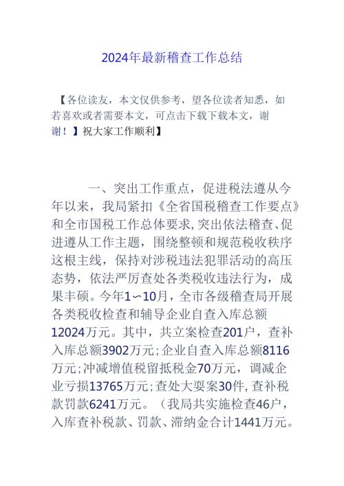 2024年最新稽查工作总结.docx