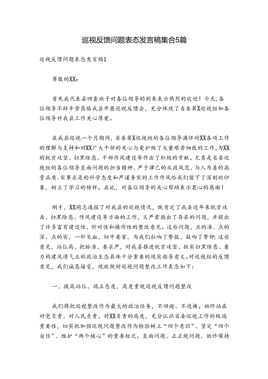巡视反馈问题表态发言稿集合5篇.docx_第1页