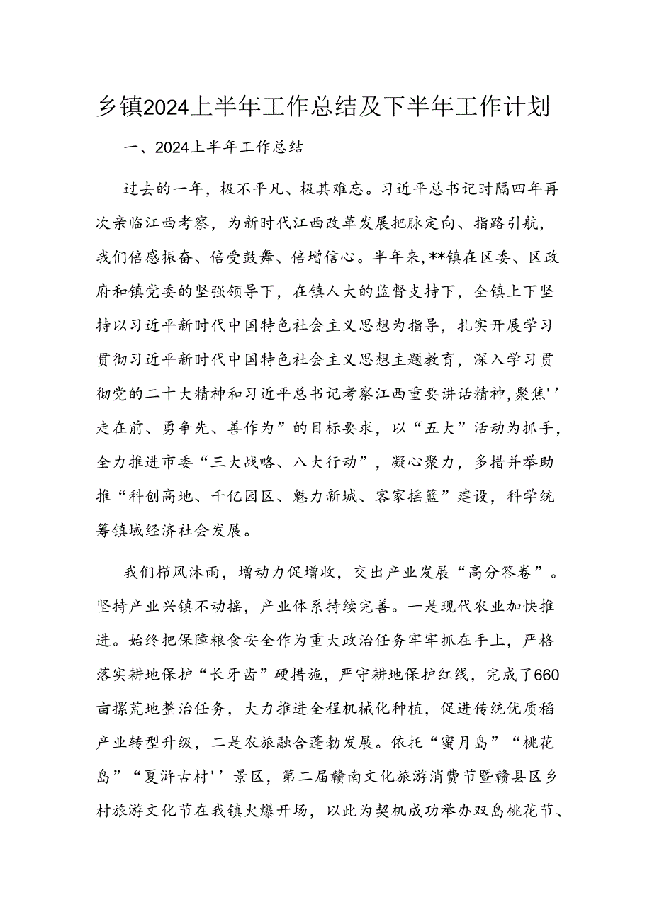 乡镇2024上半年工作总结及下半年工作计划(1).docx_第1页