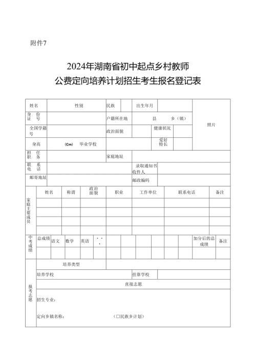 2024年湖南省初中起点乡村教师公费定向培养计划招生考生报名登记表.docx