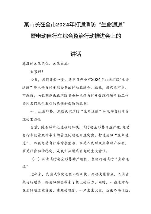 某市长在全市2024年打通消防“生命通道”暨电动自行车综合整治行动推进会上的讲话.docx