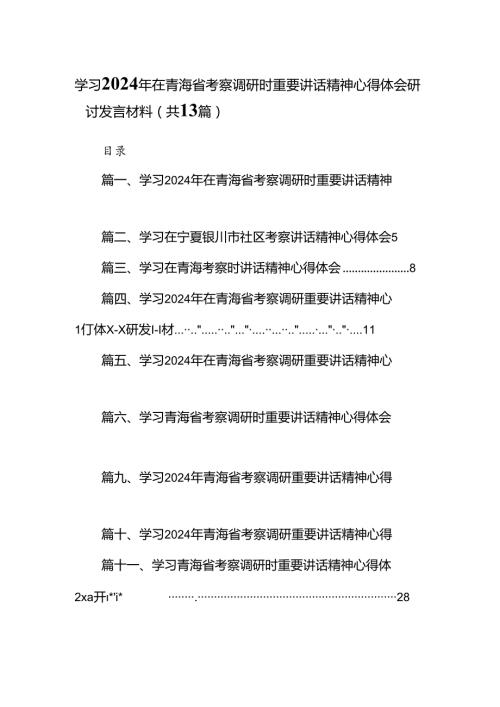 学习2024年在青海省考察调研时重要讲话精神心得体会研讨发言材料(13篇集合).docx