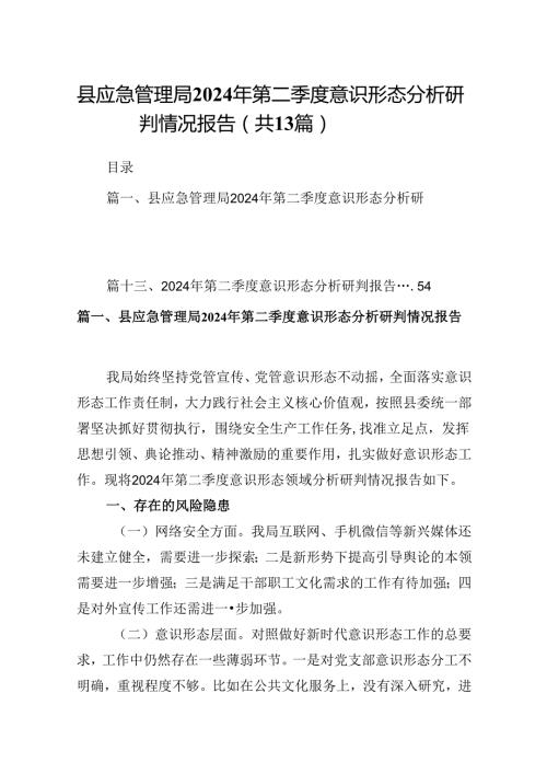 县应急管理局2024年第二季度意识形态分析研判情况报告13篇（精选）.docx