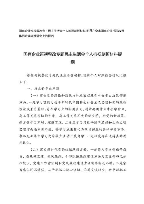 国有企业巡视整改专题民主生活会个人检视剖析材料提纲+在全市国有企业基层党建整体提升现场推进会上的讲话.docx