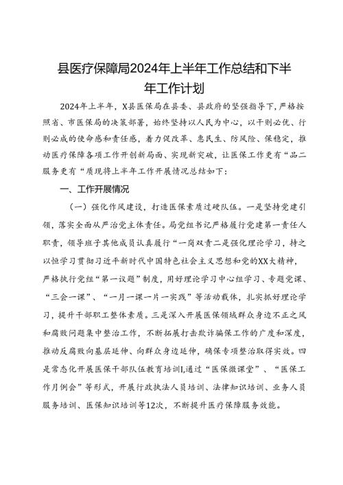 县医疗保障局2024年上半年工作总结和下半年工作计划(2).docx